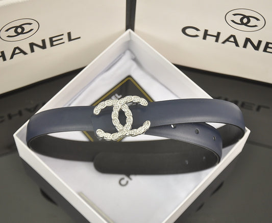 Chanel Leather Belt "Navy Blue-Silver"