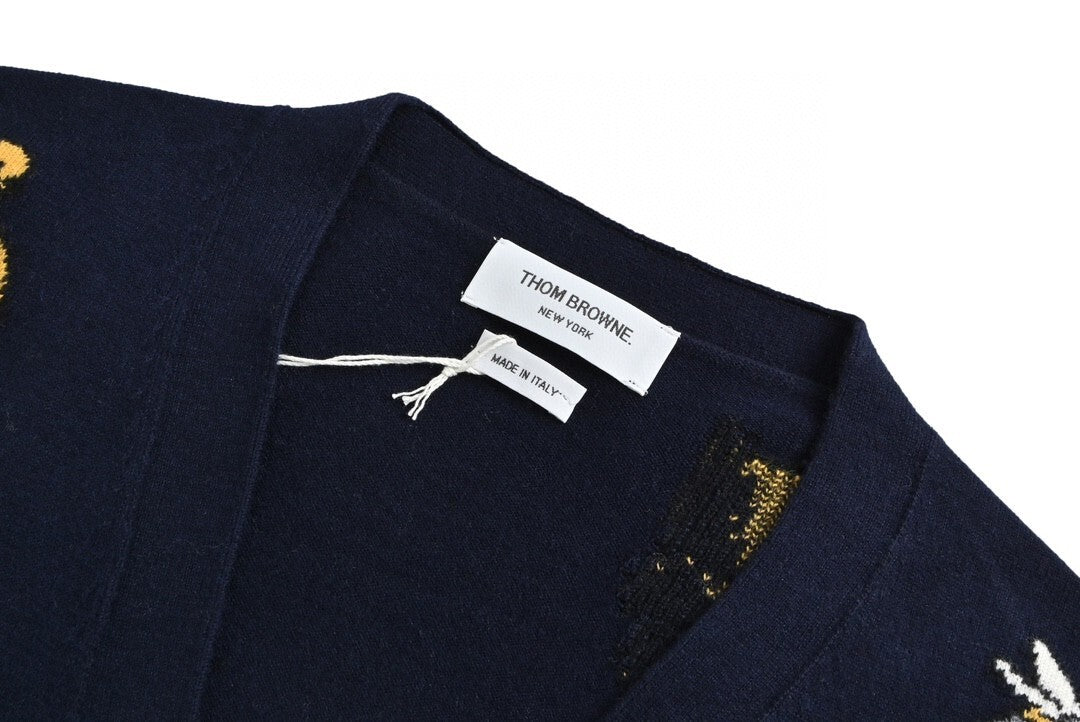 Thom Browne 4-Bar Bees and Birds Cardigan "Navy Blue"