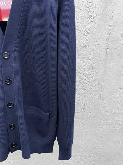 Gucci Silk Cotton Cardigan with Intarsia "Dark Blue"