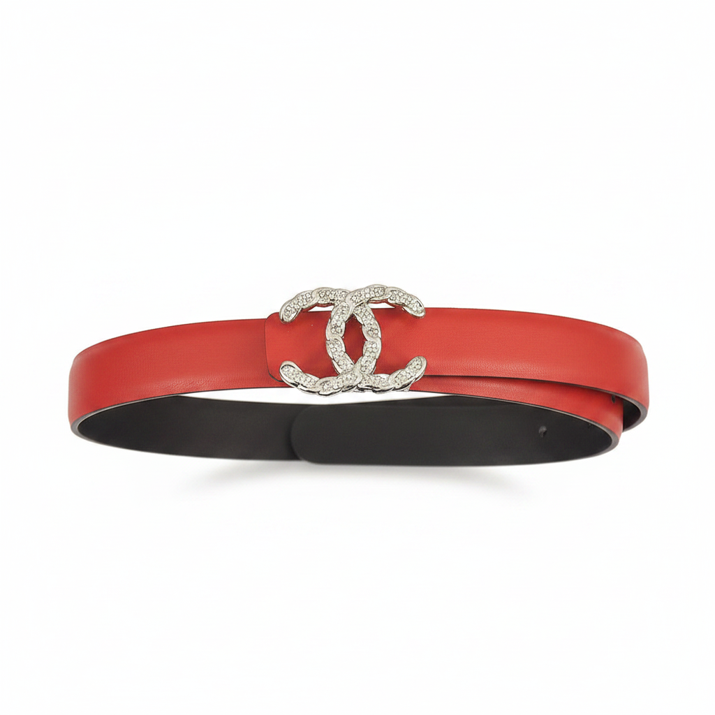 Chanel Crystal CC Leather Belt "Red-Silver"