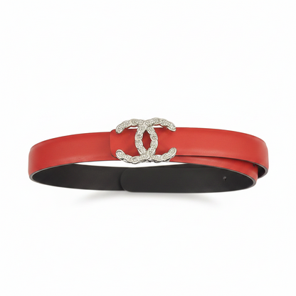 Chanel Crystal CC Leather Belt "Red-Silver"