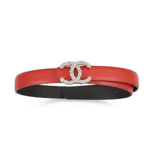 Chanel Crystal CC Leather Belt "Red-Silver"