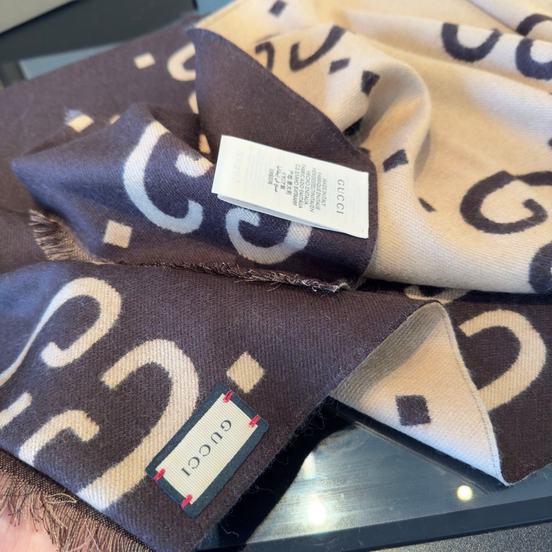 Gucci GG Jacuard Wool and Silk Scarf "Beige"