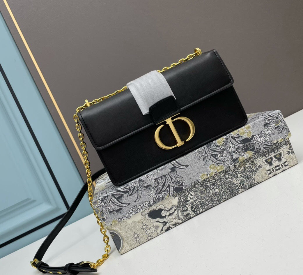 Dior 30 Montaigne East-West Bag with Chain Black Calfskin