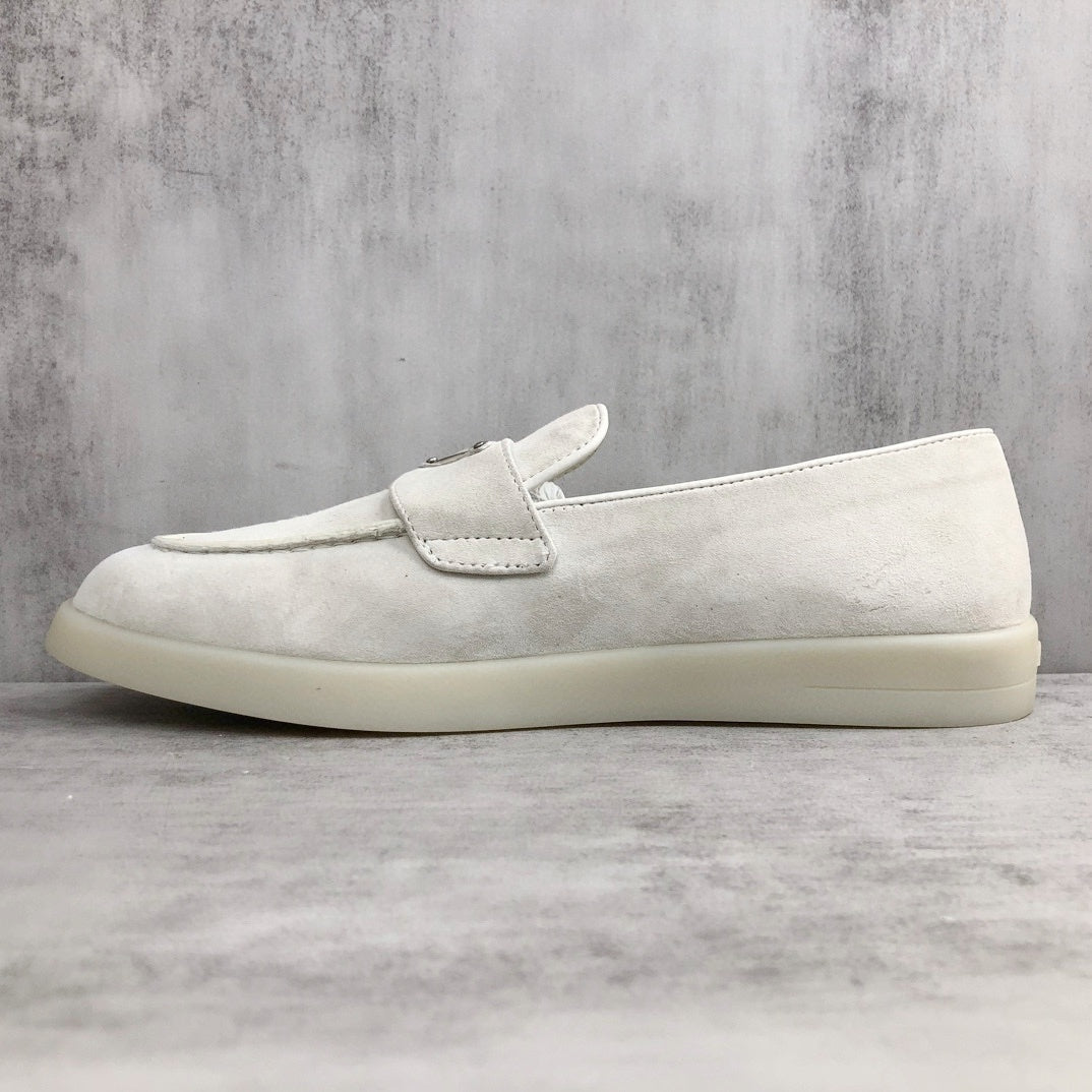 Prada Logo-Plaque Suede Loafers "White"