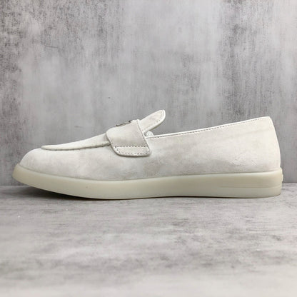 Prada Logo-Plaque Suede Loafers "White"