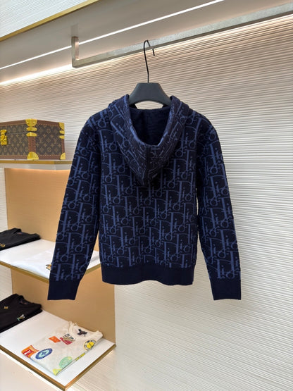 Dior Hooded Zip-up Cardigan "Navy Blue Dior Oblique Wool Blend Jacquard"