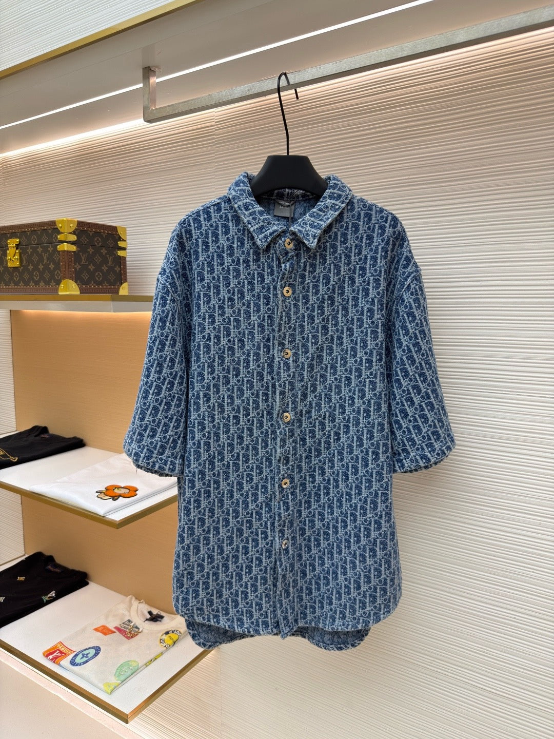 Dior Oblique Short-Sleeved Shirt "Blue Spongy Cotton-Blend Twill"