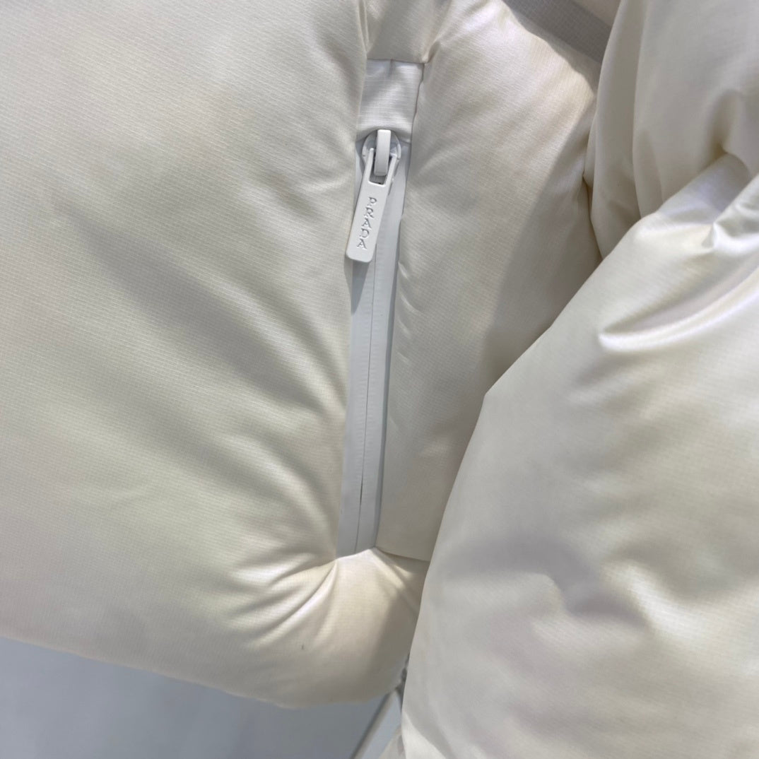 Prada Cropped Technical Re-Nylon Down Jacket "White"