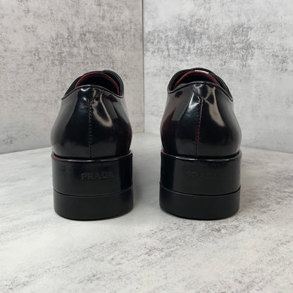 Prada Brushed Leather Derby Shoes "Red-Black"