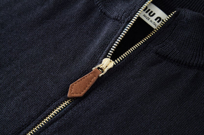 Miu Miu Cashmere and Leather Zip-up Sweater "Navy"