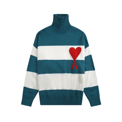 AMI Paris Ami De Coeur Striped Turtleneck Sweater "White-Teal"