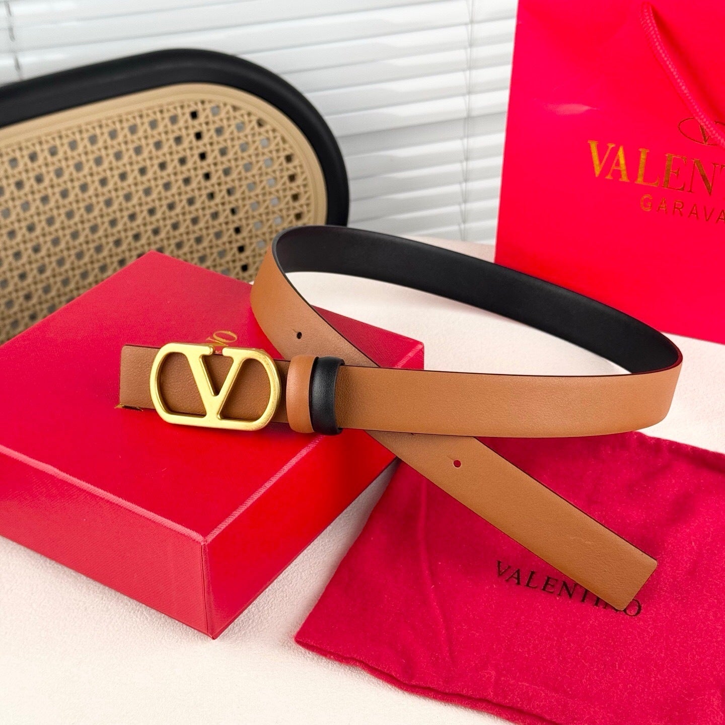 Valentino VLogo Signature Reversible 30mm Leather Belt "Camel" and "Black"