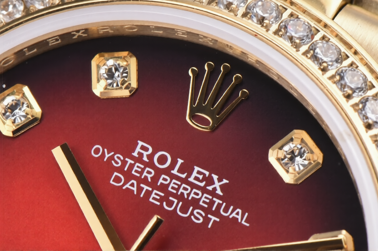 Rolex Date Just 31mm President Bracelet Diamond Bezel Red Dial
