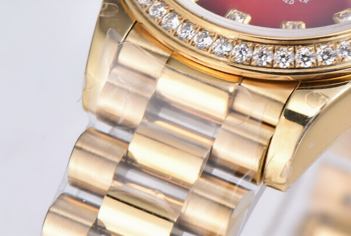 Rolex Date Just 31mm President Bracelet Diamond Bezel Red Dial