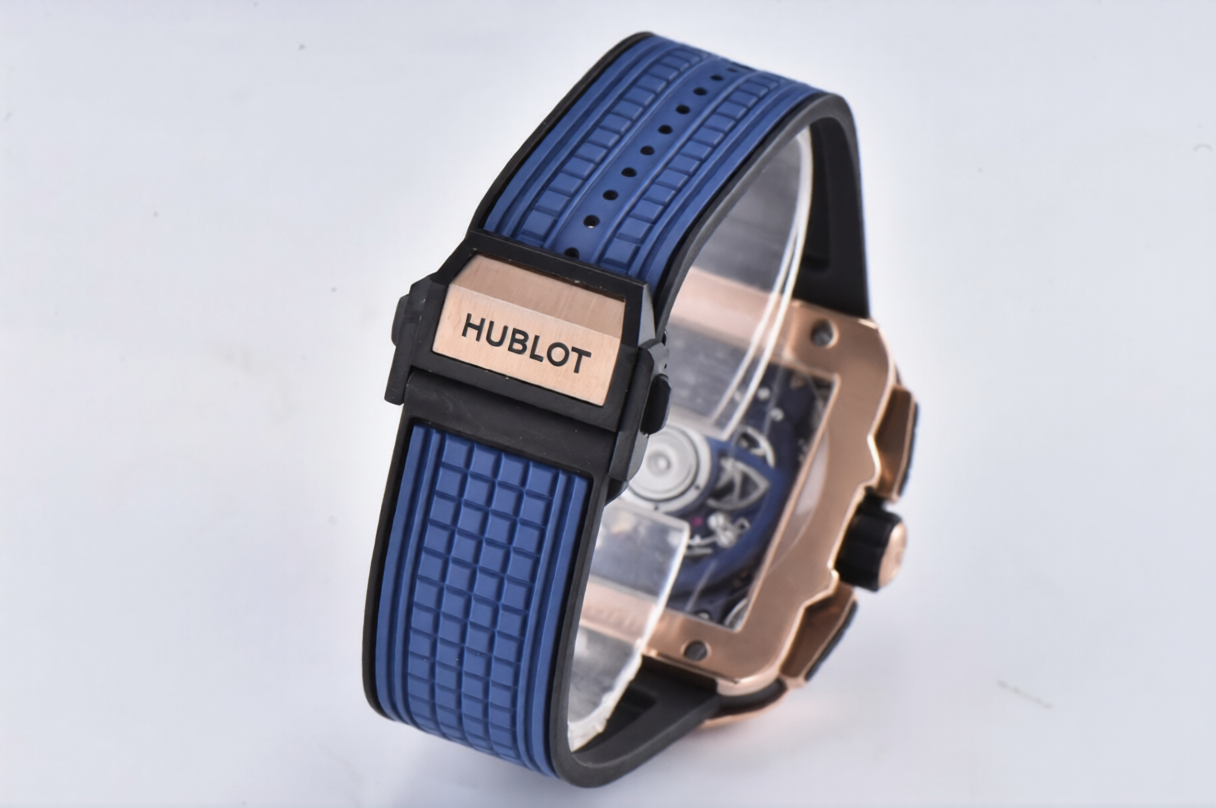 Hublot Square Bang Unico 42mm Rose Gold Blue Rubber Strap Skeleton Dial