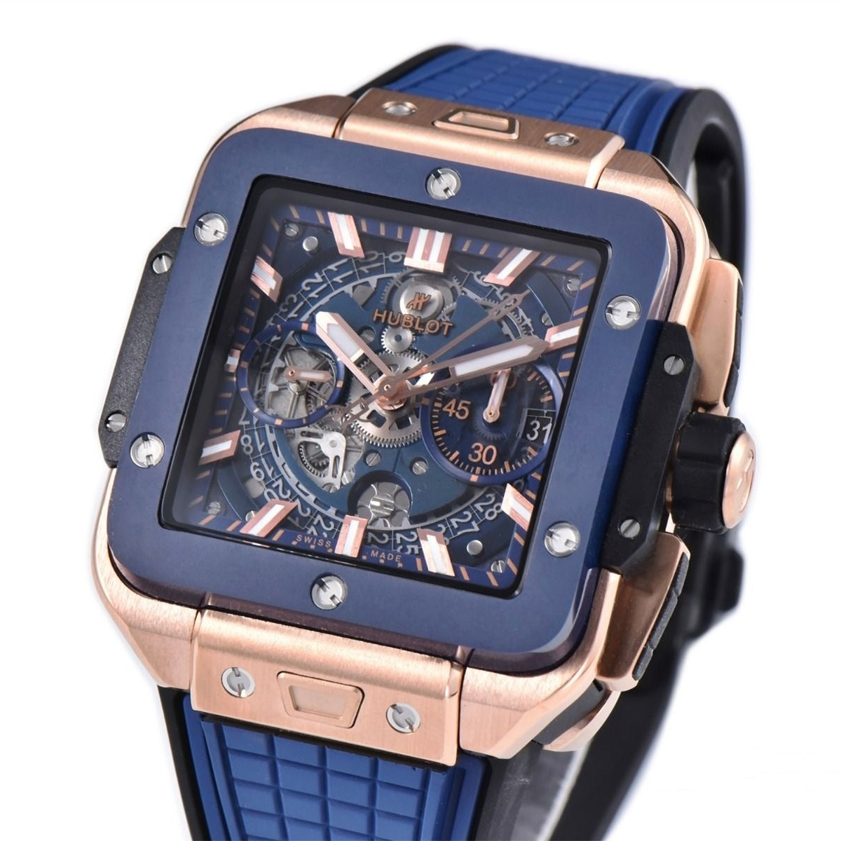 Hublot Square Bang Unico 42mm Rose Gold Blue Rubber Strap Skeleton Dial