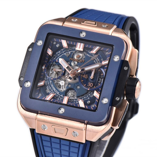 Hublot Square Bang Unico 42mm Rose Gold Blue Rubber Strap Skeleton Dial