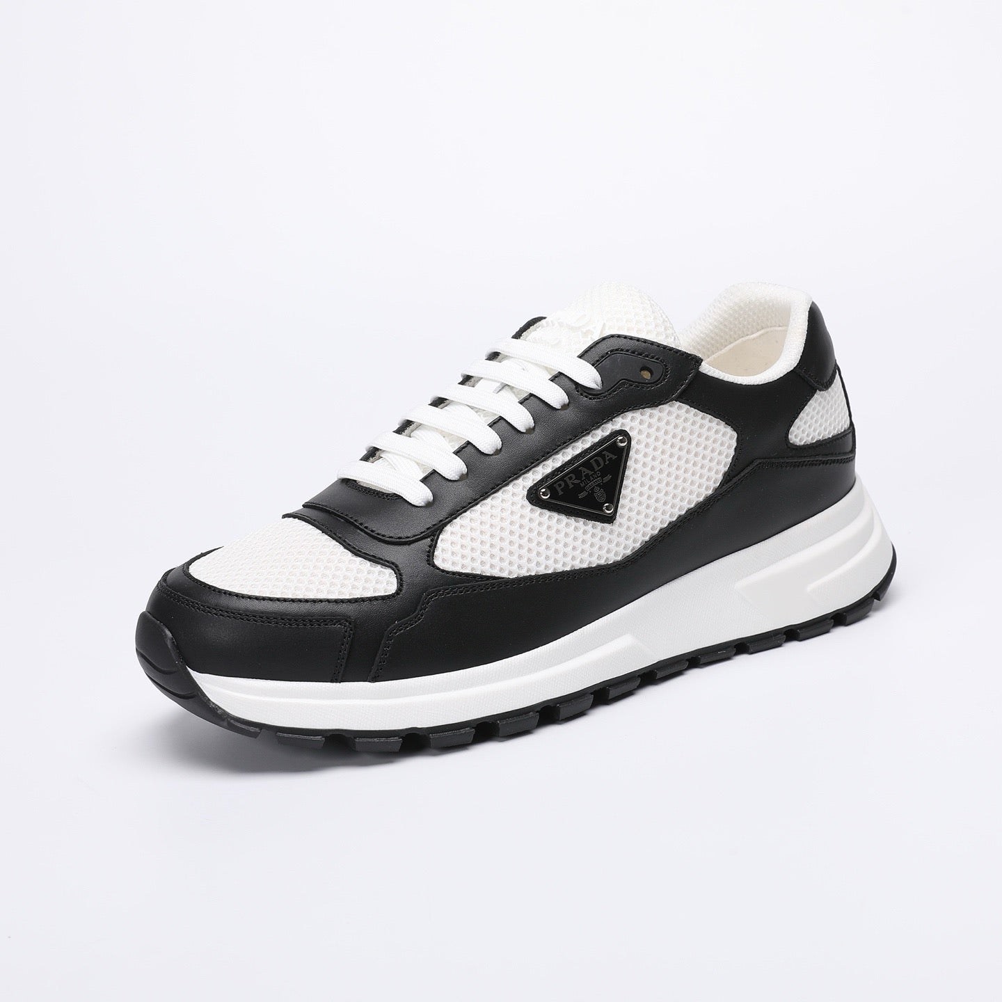 Prada Prax 02 Fabric and Brushed Leather Sneakers "Whtie-Black"