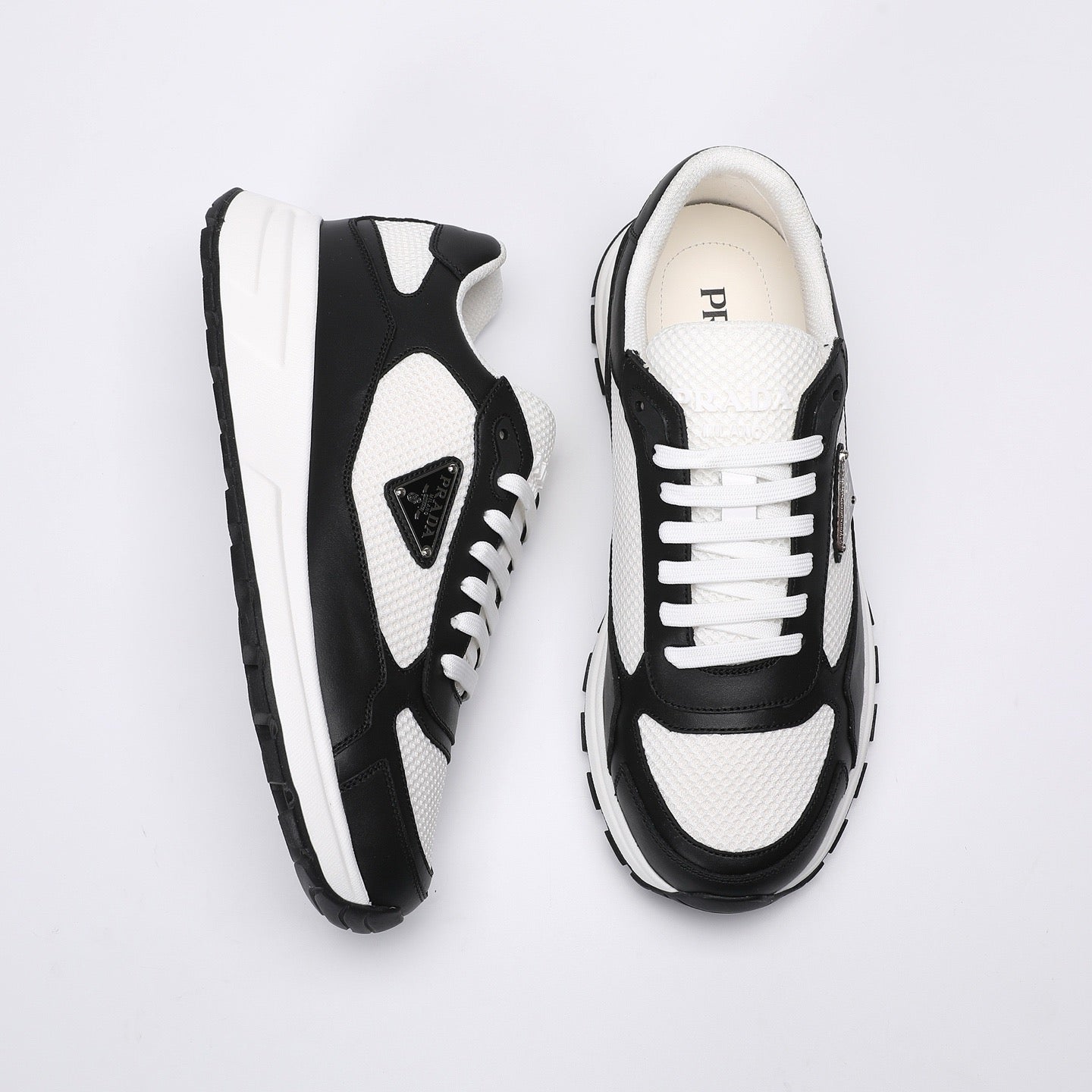Prada Prax 02 Fabric and Brushed Leather Sneakers "Whtie-Black"