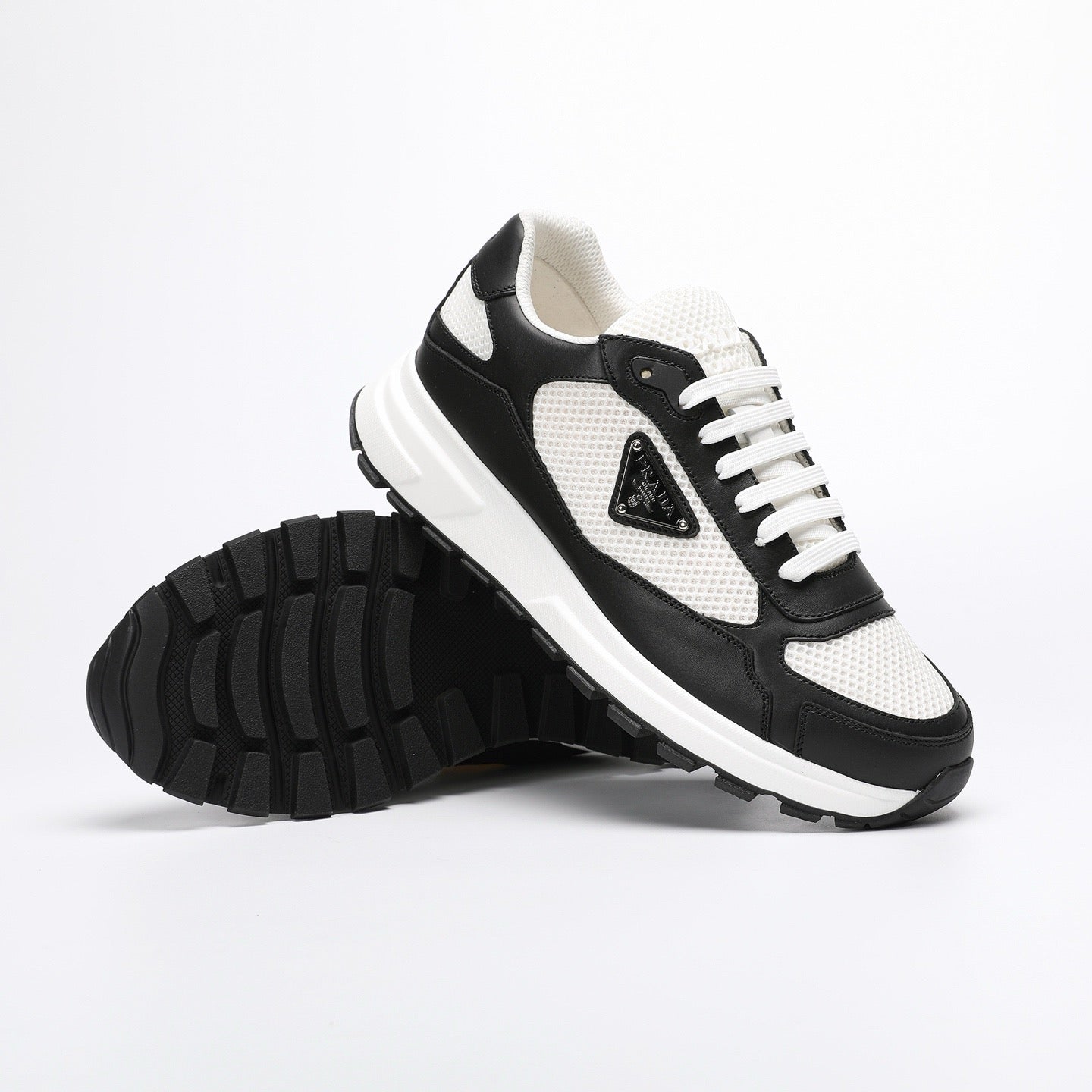 Prada Prax 02 Fabric and Brushed Leather Sneakers "Whtie-Black"