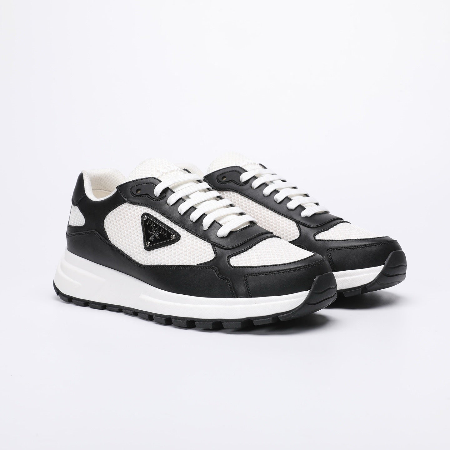 Prada Prax 02 Fabric and Brushed Leather Sneakers "Whtie-Black"