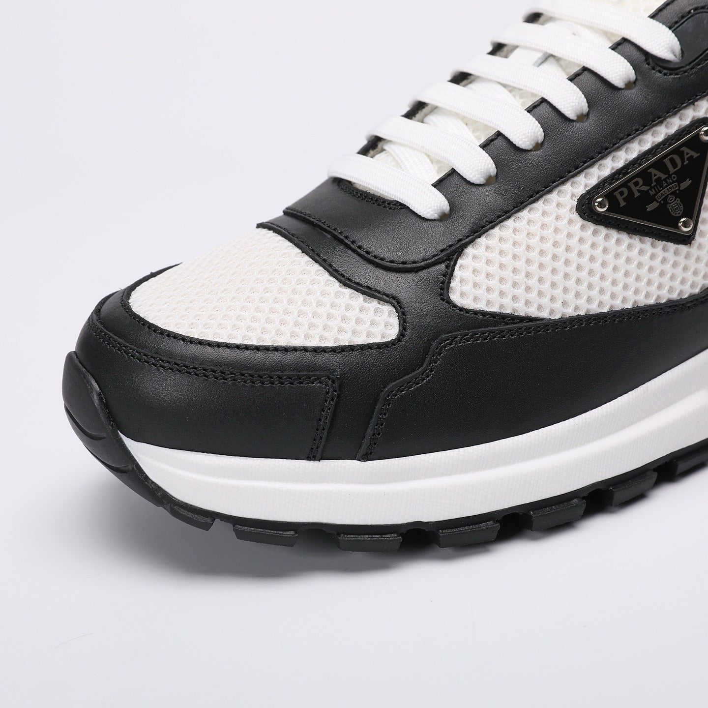 Prada Prax 02 Fabric and Brushed Leather Sneakers "Whtie-Black"