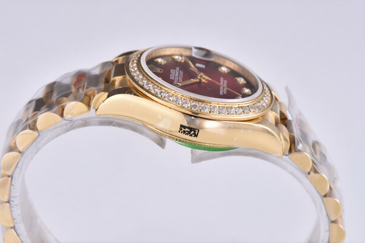 Rolex Date Just 31mm President Bracelet Diamond Bezel Red Dial