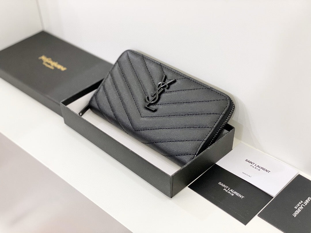 Yves Saint Laurent Cassandre Matelasse Zip Around Wallet Black