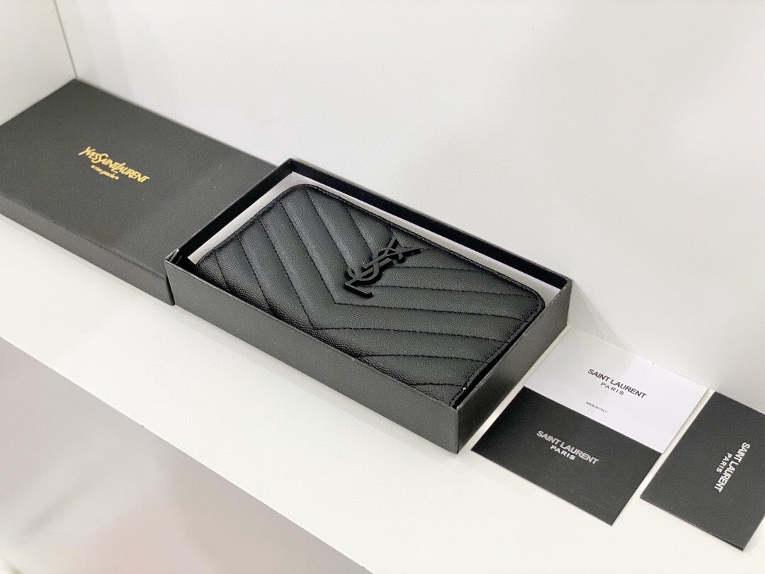 Yves Saint Laurent Cassandre Matelasse Zip Around Wallet Black