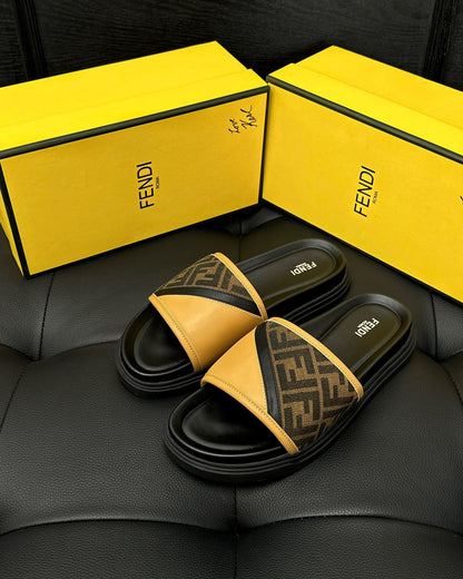 Fendi Diagonal Slides "Brown FF Jacquard and Yellow"