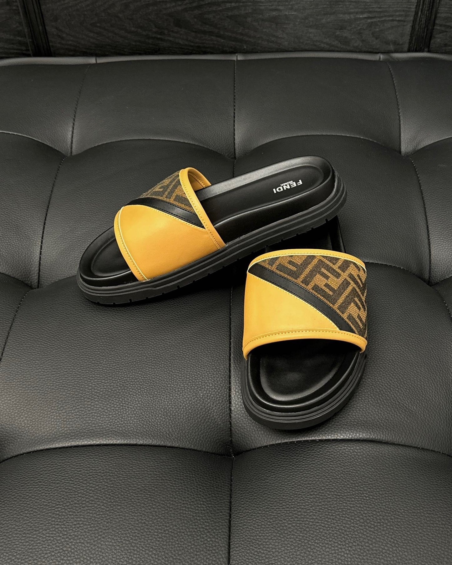 Fendi Diagonal Slides "Brown FF Jacquard and Yellow"