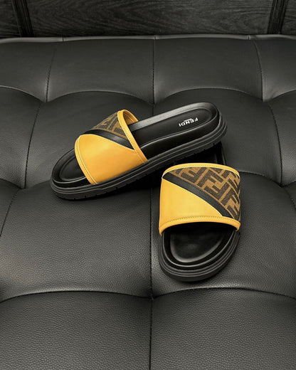 Fendi Diagonal Slides "Brown FF Jacquard and Yellow"