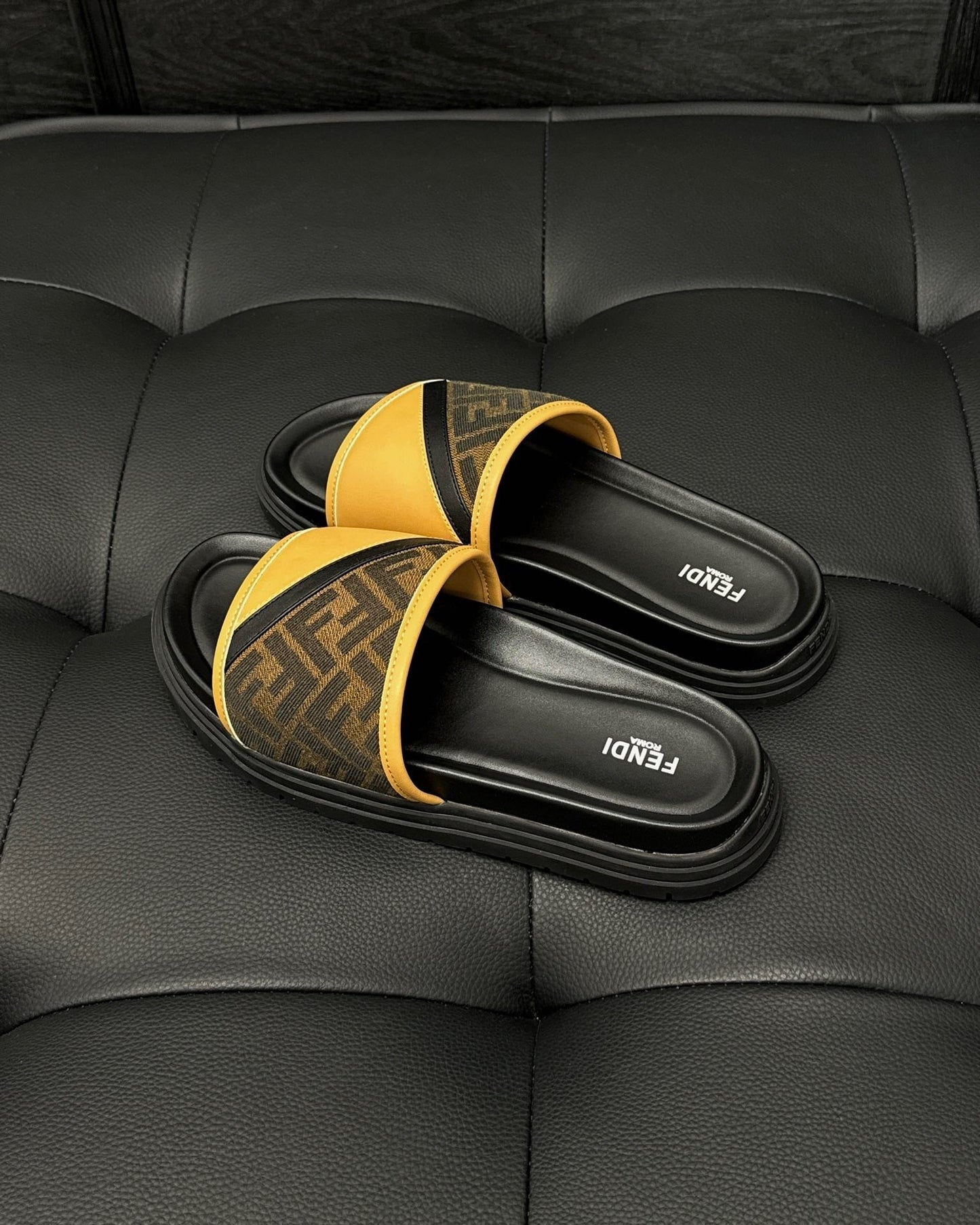 Fendi Diagonal Slides "Brown FF Jacquard and Yellow"