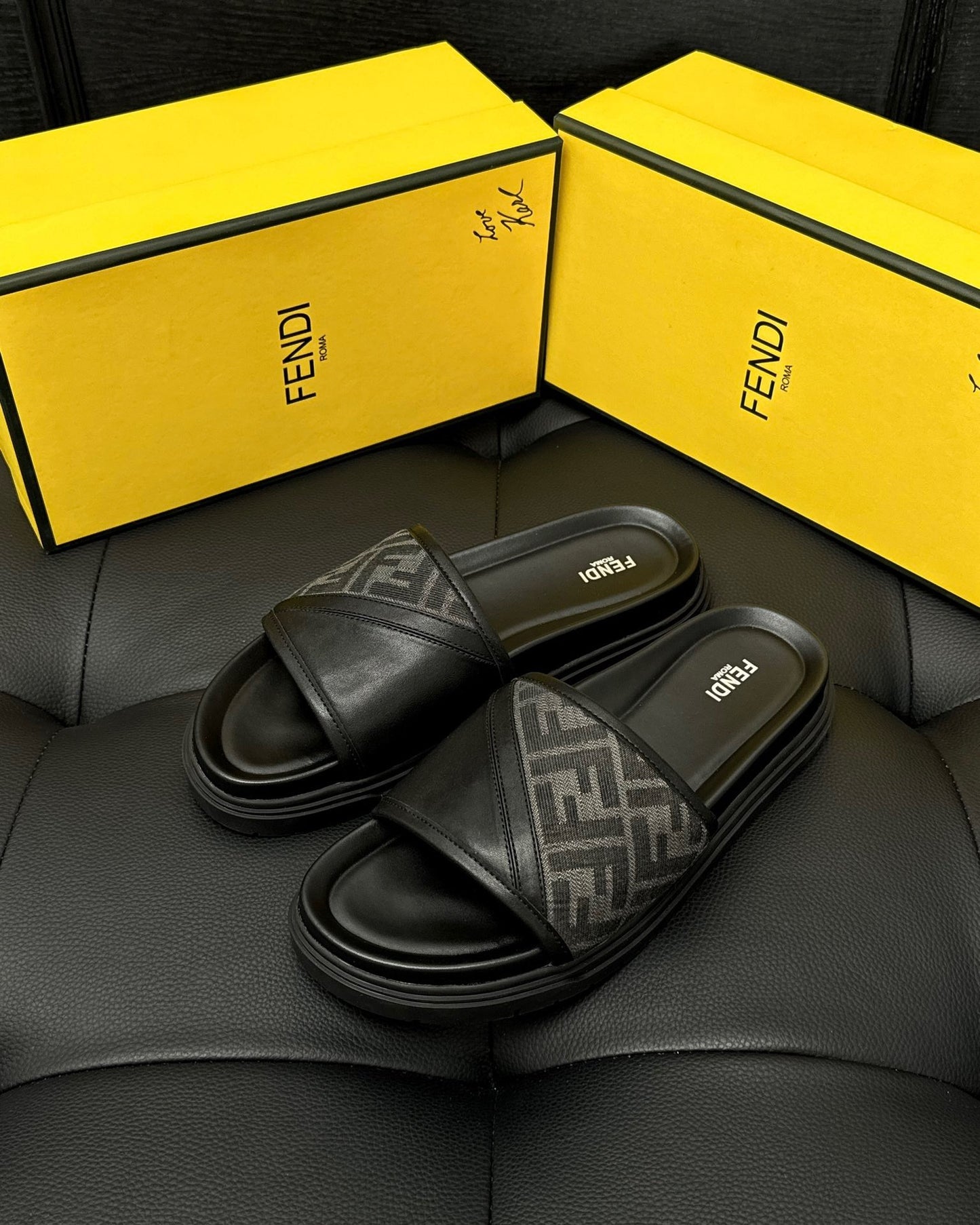 Fendi Diagonal Slides "Grey FF Jacquard and Black"