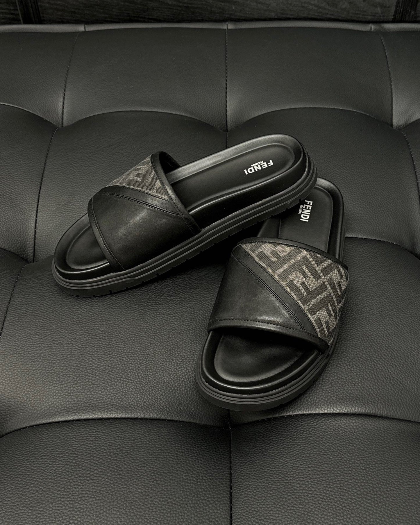 Fendi Diagonal Slides "Grey FF Jacquard and Black"