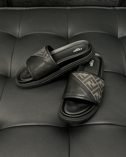 Fendi Diagonal Slides "Grey FF Jacquard and Black"