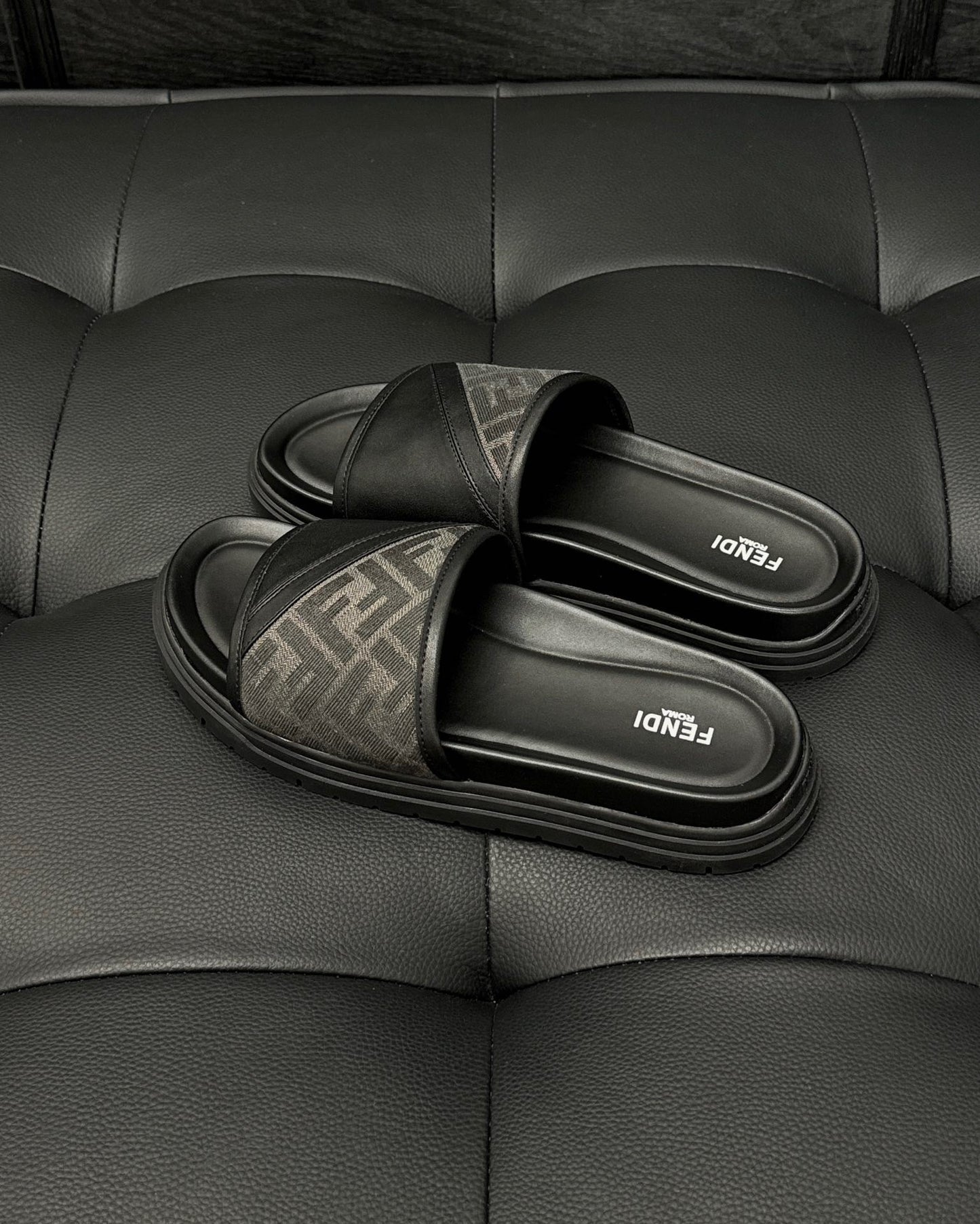 Fendi Diagonal Slides "Grey FF Jacquard and Black"