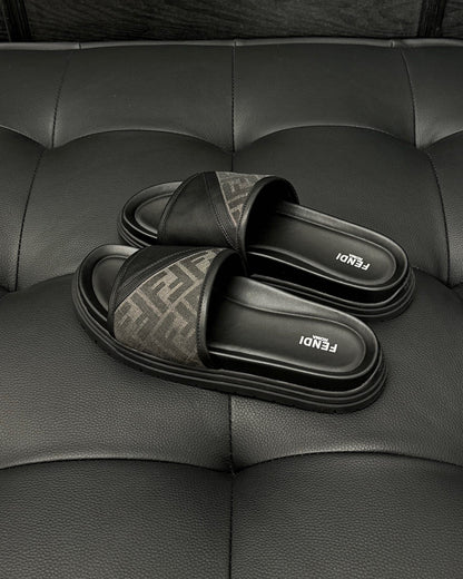 Fendi Diagonal Slides "Grey FF Jacquard and Black"