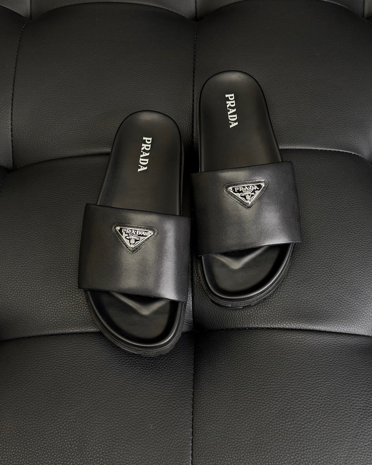 Prada Nappa Leather Padded Slides "Black"