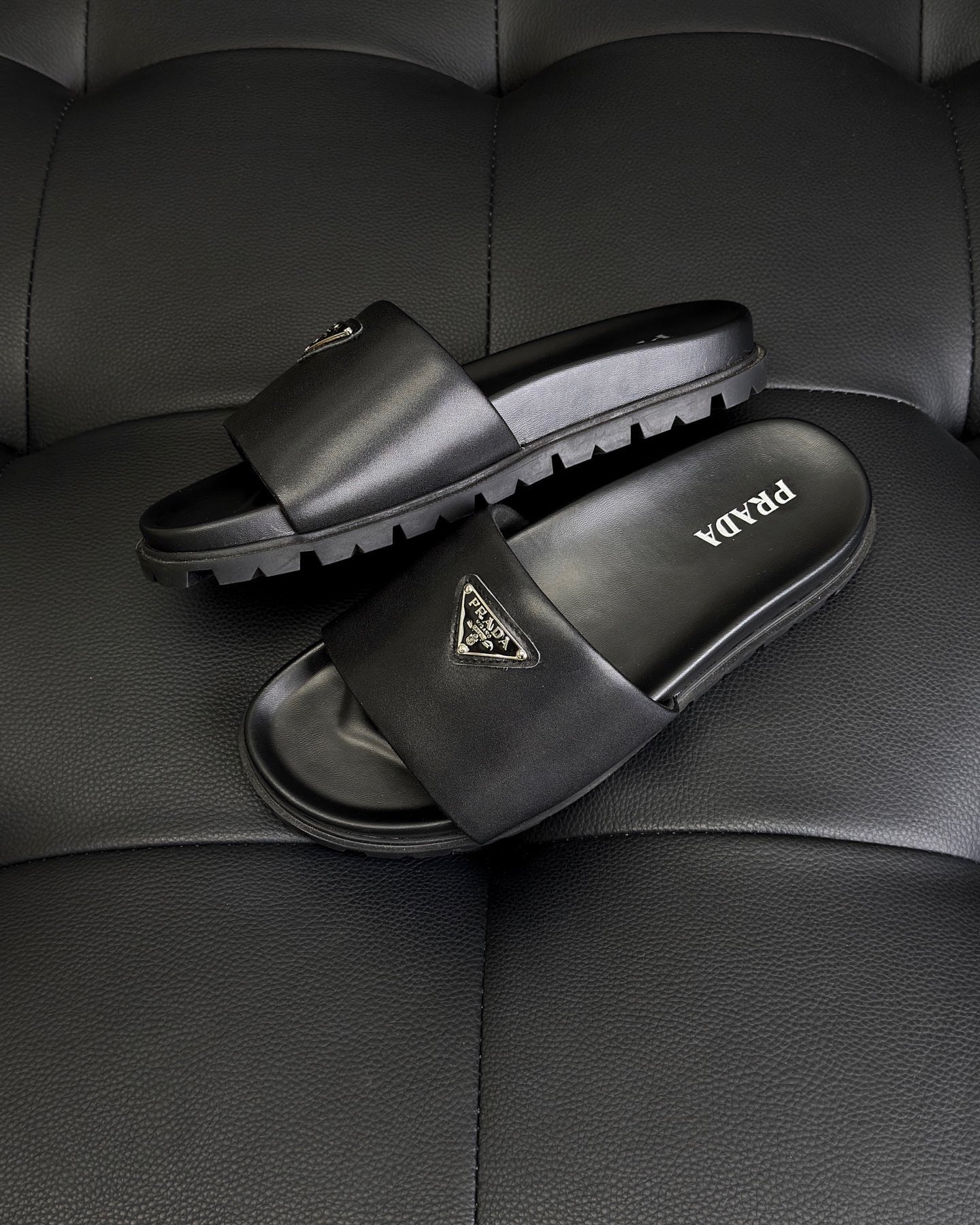 Prada Nappa Leather Padded Slides "Black"