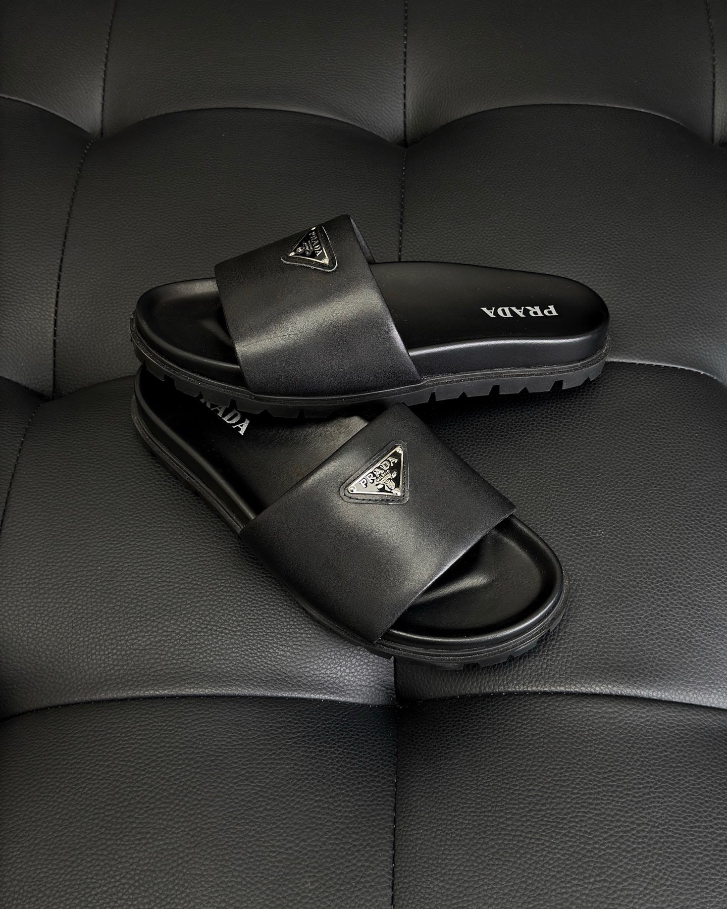 Prada Nappa Leather Padded Slides "Black"