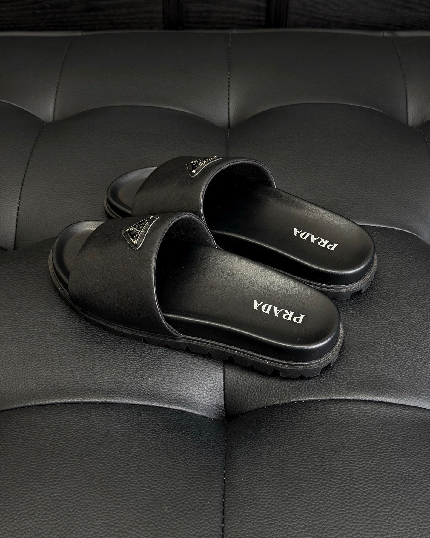 Prada Nappa Leather Padded Slides "Black"