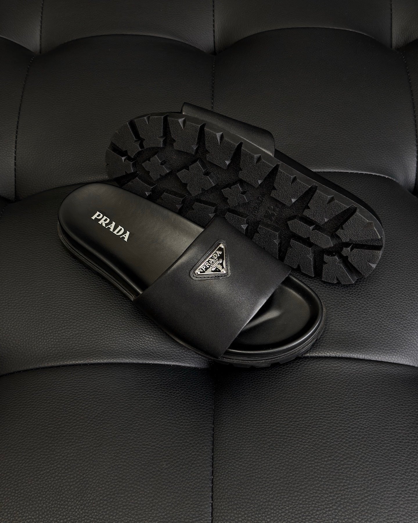 Prada Nappa Leather Padded Slides "Black"