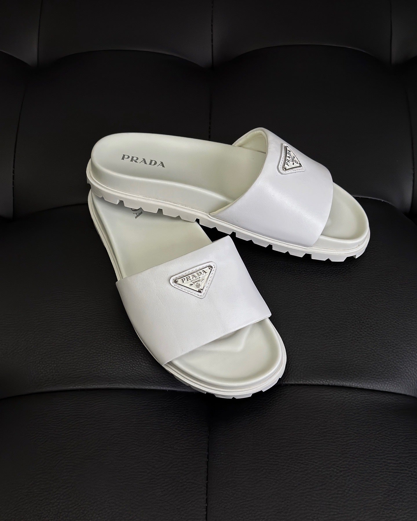Prada Nappa Leather Padded Slides "White"