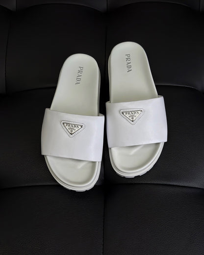 Prada Nappa Leather Padded Slides "White"