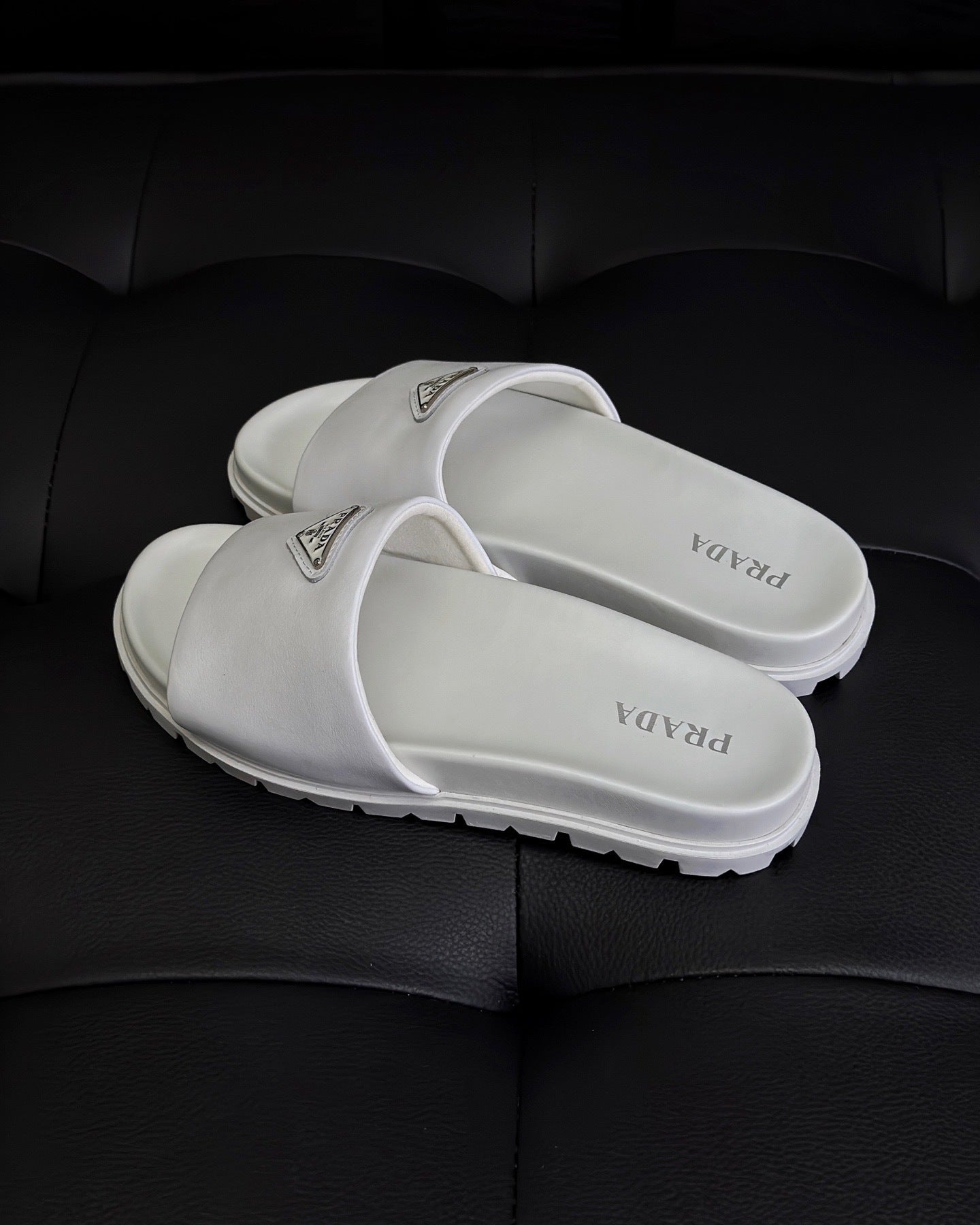 Prada Nappa Leather Padded Slides "White"
