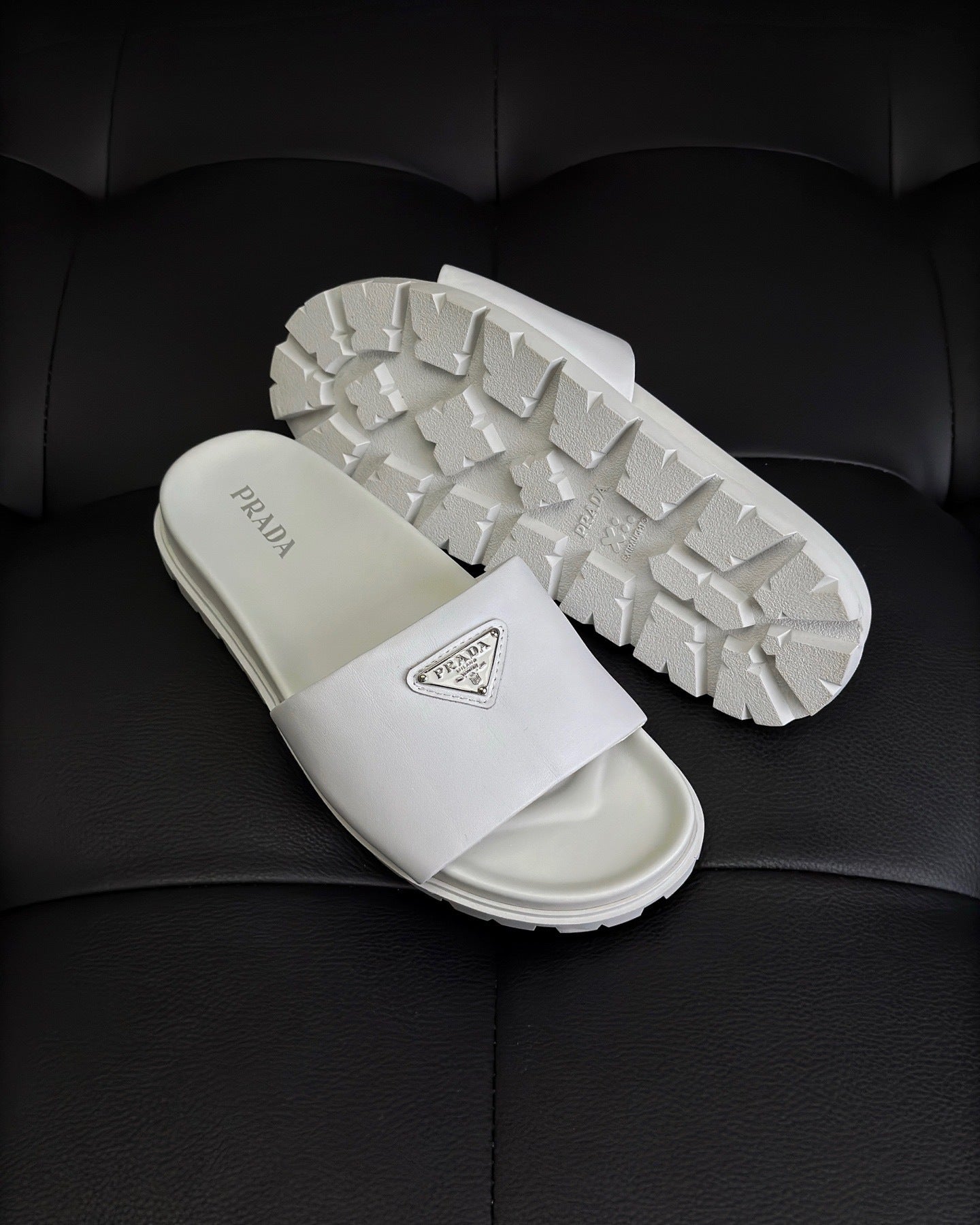 Prada Nappa Leather Padded Slides "White"