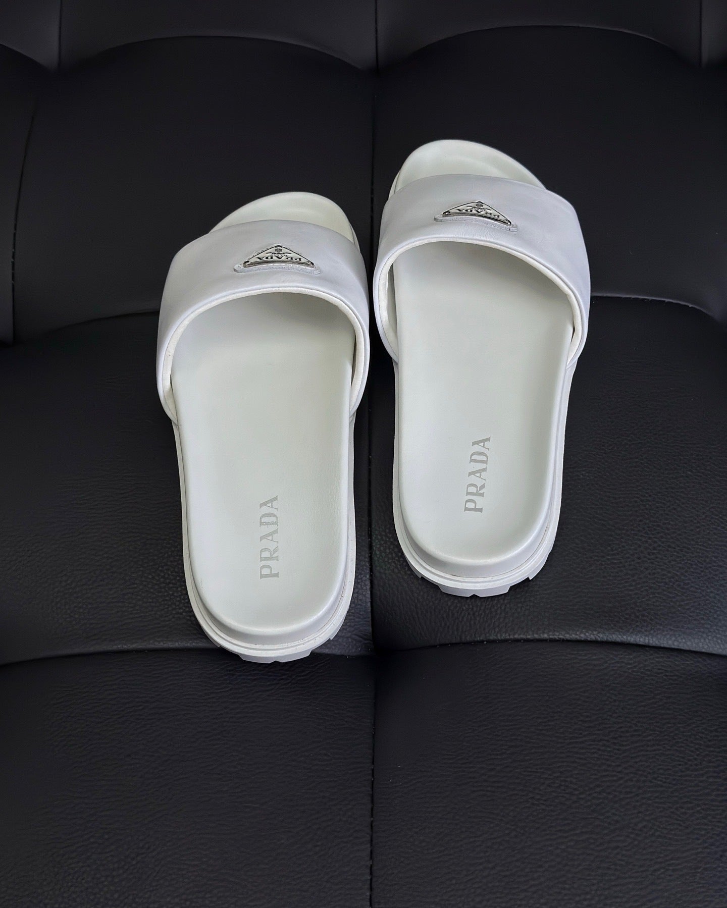 Prada Nappa Leather Padded Slides "White"