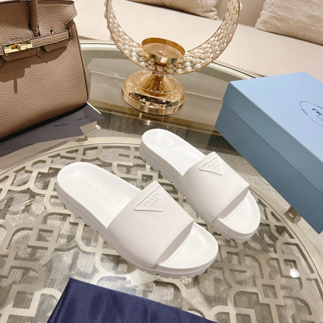 Prada Logo Rubber Slides "White"